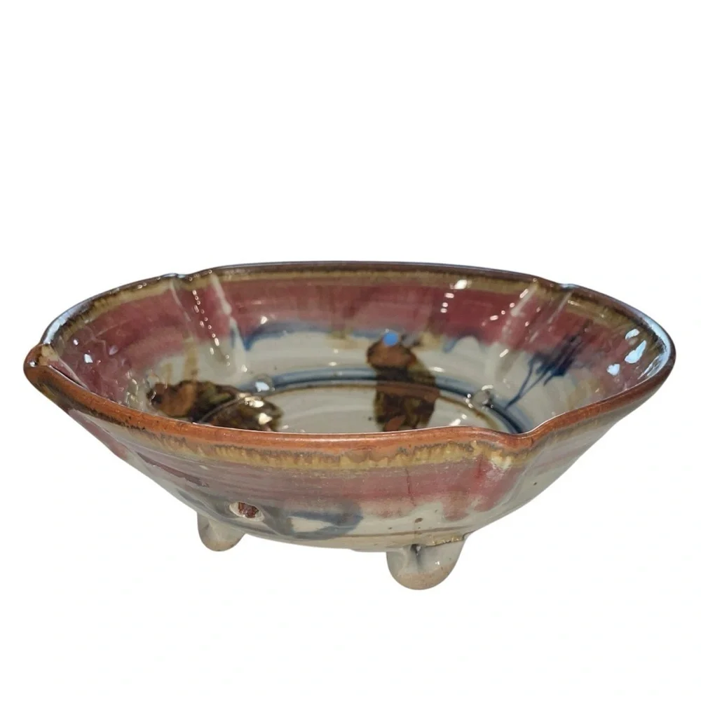 Handmade ET Signed Artisan Ceramic Berry Bowl Rustic Glazed Footed Colander